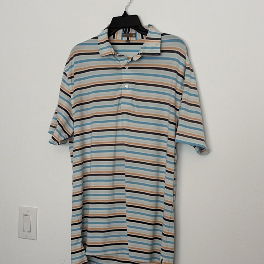 Peter Millar M Blue Orange Striped Summer Comfort Short Sleeve Polo Shirt